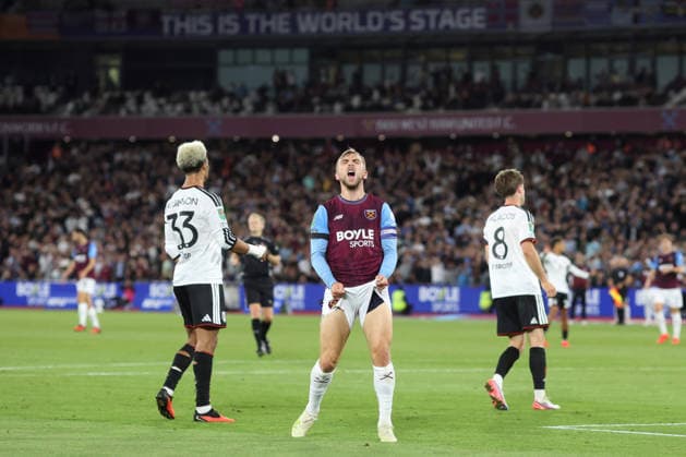 West Ham gegen Fulham, 15. September 2026, London, Carabao Cup, 3. Runde: West Ham United gegen Fulham – Jarrod Bowen von West Ham United reagiert, nachdem er einen Schuss verfehlt hat. Foto: Charlotte Wilson, Offside, London, Großbritannien  Copyright: xCharlottexWilsonx xOffsidexOffside
