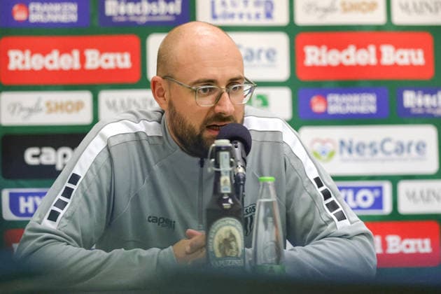 September 15, 2026, Soccer, Men s, 2026–2027 season, Bavarian Regional League, Matchday 9: FC Schweinfurt 05 vs. FV Illertissen; Coach Jan Gernlein of FC Schweinfurt 05 at the press conference; single frame from the Riedel Bau Arena in Schweinfurt at the Sachs Stadio, Bavaria, Lower Franconia, Germany