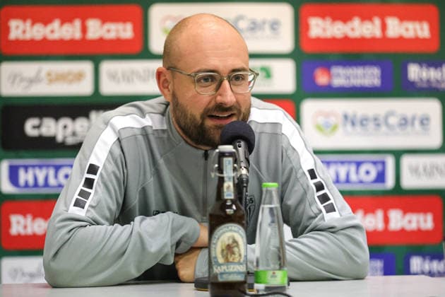 September 15, 2026, Soccer, Men s, 2026–2027 season, Bavarian Regional League, Matchday 9: FC Schweinfurt 05 vs. FV Illertissen; Coach Jan Gernlein of FC Schweinfurt 05 at the press conference; single frame from the Riedel Bau Arena in Schweinfurt at the Sachs Stadium, Bavaria, Lower Franconia, Germany