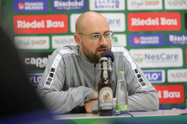 September 15, 2026, Soccer, Men s, 2026–2027 season, Bavarian Regional League, Matchday 9: FC Schweinfurt 05 vs. FV Illertissen; Coach Jan Gernlein of FC Schweinfurt 05 at the press conference; single frame from the Riedel Bau Arena in Schweinfurt at the Sachs Stadium, Bavaria, Lower Franconia, Germany