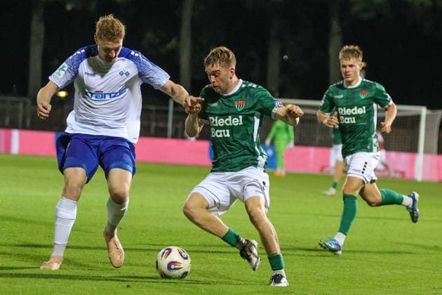 September 15, 2026, Soccer, Men’s, 2026–2027 Season, Bavarian Regional League, Matchday 9: FC Schweinfurt 05 vs. FV Illertissen. From left: Maximilian Neuberger (FV Illertissen), No. 38, against Philipp Hack (FC Schweinfurt 05), 07 Schweinfurt, Riedel Bau Arena at Sachs Stadio, Bavaria, Lower Franconia, Germany