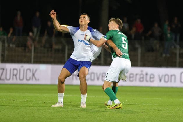 September 15, 2026, Soccer, Men s, 2026–2027 Season, Bavarian Regional League, Matchday 9: FC Schweinfurt 05 vs. FV Illertissen. From left: Elidon Qenaj (FV Illertissen), 09, against Johannes Theinhardt (FC Schweinfurt 05), 05. Schweinfurt Riedel Bau Arena at Sachs Stadium, Bavaria, Lower Franconia, Germany