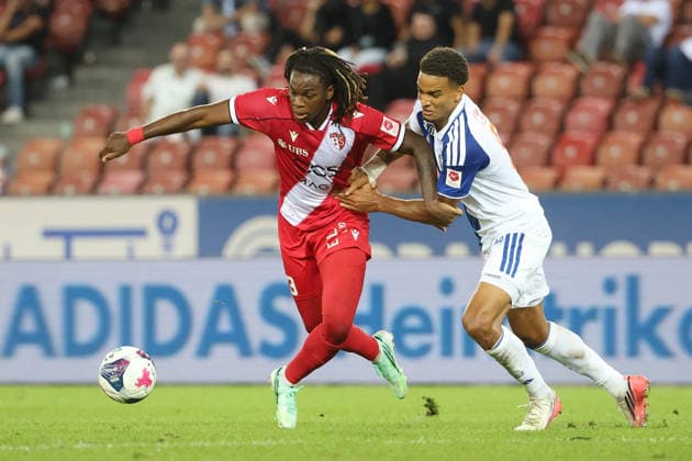 September 15, 2026, Zurich, SWITZERLAND, Letzigrund Stadium, Zurich, Soccer, 2026–2027 Season, Men s Soccer Super League, Grasshopper Club Zurich vs. FC Sion, Winsley Boteli (FC Sion) vs. Yannick Bettkober (GC)