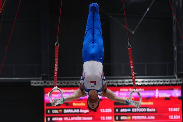 Odesur 2026, Anillas. El gimnasta chileno Joaquin Alvarez gana la medalla de oro en Anillas en los Juegos Suramericanos Odesur 2026. 15 09 2026 Luciano Gonzalez Unar Photosport Odesur 2026, Rings Chilea gymnast Joaquin Alvarez won the gold medal in rings at the 2026 Odesur South American Games. 15 09 2026 Luciano Gonzalez Unar Photosport Joaquin Alvarez gana medalla de oro en anillas en los Juegos Odesur 2026 