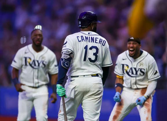 September 15, 2026, St. Petersburg, Florida, USA: Tampa Bay Rays third baseman Junior Caminero (13) hits a walk off homer against the Athletics in the ninth inning in a Major League Baseball game between the Tampa Bay Rays and the Athletics Tuesday, Sept. 15, 2026 in St. Petersburg, Florida. The Tampa Bay Rays defeated the Athletics 2-1. St. Petersburg USA - ZUMAu321 20260915_zsp_u321_031 Copyright: xChrisxUrsox