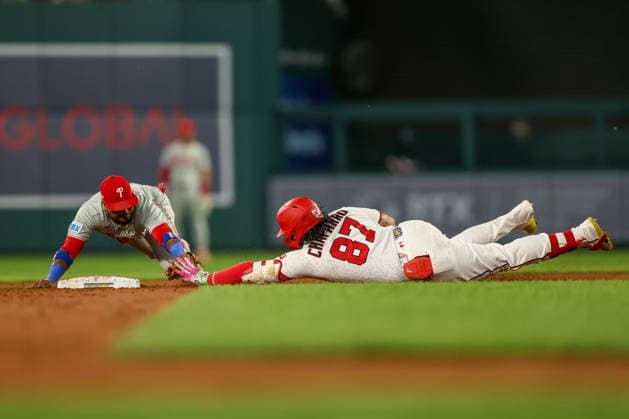 September 15, 2026, Washington D.C, District Of Columbia, United States: Washington, DC; Washington Nationals first baseman Andro s Chaparro (87) slides into second base with a double during a Major League Baseball game against the Philadelphia Phillies at Nationals Park on Tuesday, September 15, 2026. The Nationals beat the Phillies 6-3. Washington D.C United States - ZUMAp258 20260915_znp_p258_021 Copyright: xStevexPrakopex