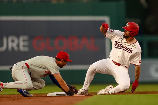 September 15, 2026, Washington D.C, District Of Columbia, United States: Washington, DC; Washington Nationals first baseman Yohandy Morales (28) slides into second base with a double during a Major League Baseball game against the Philadelphia Phillies at Nationals Park on Tuesday, September 15, 2026. The Nationals beat the Phillies 6-3. Washington D.C United States - ZUMAp258 20260915_znp_p258_030 Copyright: xStevexPrakopex