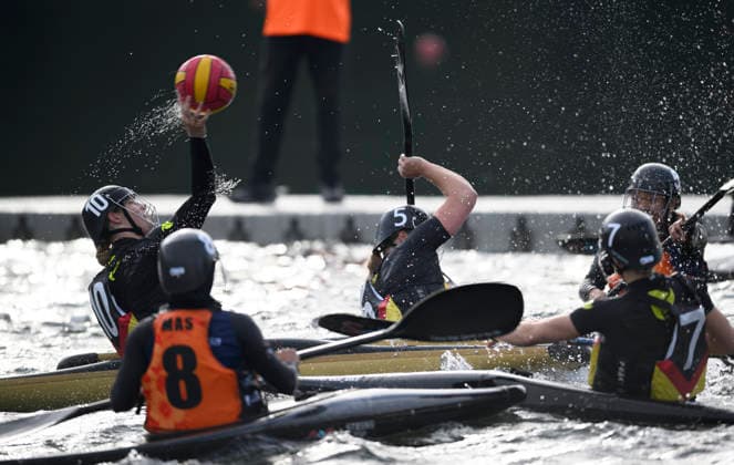 GRUENEWALD, KATHARIN GER in action, Women s throw, Malaysia vs. Germany 0–14, on September 16, 2026, at the Canoe Polo World Championships held from September 15 to September 20, 2026, at the Regatta Course in Duisburg, Germany