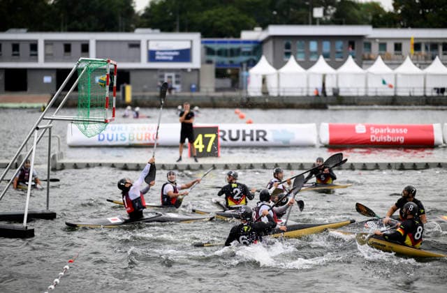 Team Germany scores a goal; action; game highlight: Men s Germany vs. Japan, 7–0, on September 16, 2026, at the Canoe Polo World Championships held from September 15 to September 20, 2026, at the Duisburg Regatta Course in Germany