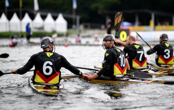 L R BECKMANN, ARNE GER, KONRAD, LEON MAX PAUL GER shake hands after the game. Men’s Germany vs. Japan 7–0, on September 16, 2026, at the Canoe Polo World Championships held from September 15 to September 20, 2026, at the Duisburg Regatta Course in Germany