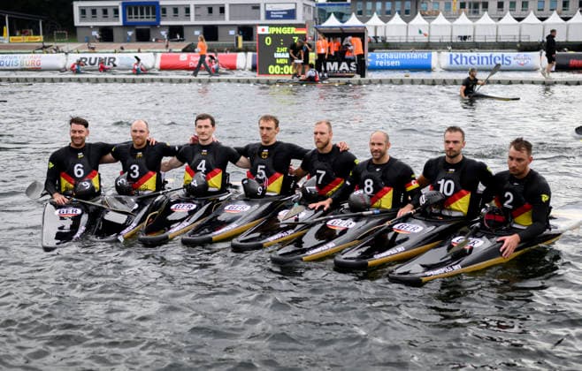 Team Germany, from left to right: BECKMANN, ARNE (GER), RIECKE, TIM (GER), KMIEC, JEREMY (GER), BEUKENBUSCH, ERIK (GER), KIRCHHOFF, RENE (GER), VIEREN, JONAS (GER), KONRAD, LEON MAX PAUL GER POMORIN GUENZEL, TORBEN GER Men’s Germany vs. Japan 7–0, on September 16, 2026, at the Canoe Polo World Championships held from September 15 to September 20, 2026, in Duisburg, Germany, at the Regatta Course