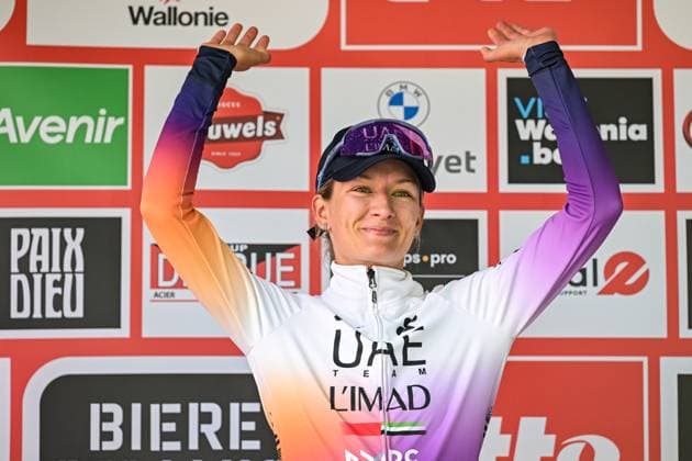 Dutch Karlijn Swinkels of UAE Team ADQ celebrates on the podium after winning the one day cycling race Grand Prix de Wallonie 2026 (127,5 km), in Namur, on Wednesday 16 September 2026. DAVIDxPINTENS  x186635965x