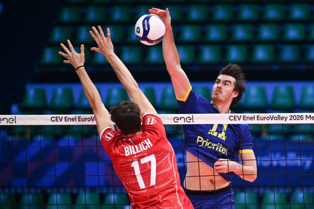 September 16, 2026: Patrik Johansson of Sweden and Andrej Billich of Slovakia during the CEV EuroVolley 2026 group stage volleyball match between Sweden and Slovakia on September 16, 2026 in Modena. Photo by Matteo Gribaudi, BILDBYRAN COP 18 XY0130 volleyball volleyball volleyball European Championships Sweden Slovakia CEV EuroVolley 2026 Sweden Slovakia bbeng  Copyright: MATTEOxGRIBAUDI BB260916BB143