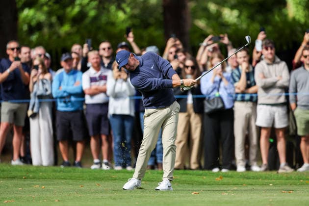 RECORD DATE NOT STATED 16th September 2026; Wentworth Golf Club, Virginia Water, Surrey, England; DP World Tour Golf, BMW PGA, Golf Herren Championship, Pro Am; Rory McIlroy of Northern Ireland plays a shot at the 15th hole HenningxVonxJagow