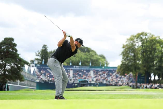 RECORD DATE NOT STATED 16th September 2026; Wentworth Golf Club, Virginia Water, Surrey, England; DP World Tour Golf, BMW PGA, Golf Herren Championship, Pro Am; Jon Rahm of Spain plays a shot at the 18th hole HenningxVonxJagow