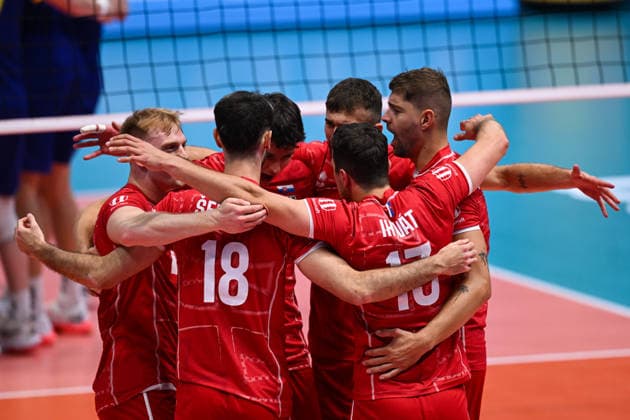 September 16, 2026: Slovakian players celebrate during the CEV EuroVolley 2026 group stage volleyball match between Sweden and Slovakia on September 16, 2026 in Modena. Photo by Matteo Gribaudi, BILDBYRAN COP 18 XY0130 volleyball volleyball volleyball European Championships Sweden Slovakia CEV EuroVolley 2026 Sweden Slovakia BBENG celebration  Copyright: MATTEOxGRIBAUDI BB260916BB154