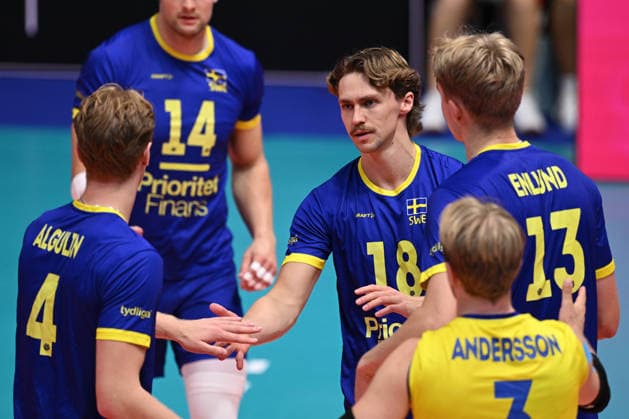 September 16, 2026: Axel Algulin, Oskar von Sydow, and Axel Enlund of Sweden during the CEV EuroVolley 2026 group stage volleyball match between Sweden and Slovakia on September 16, 2026 in Modena. Photo by Matteo Gribaudi. BILDBYRAN COP 18 XY0130 volleyball volleyball volleyball European Championships Sweden Slovakia CEV EuroVolley 2026 Sweden Slovakia bbeng  Copyright: MATTEOxGRIBAUDI BB260916BB176