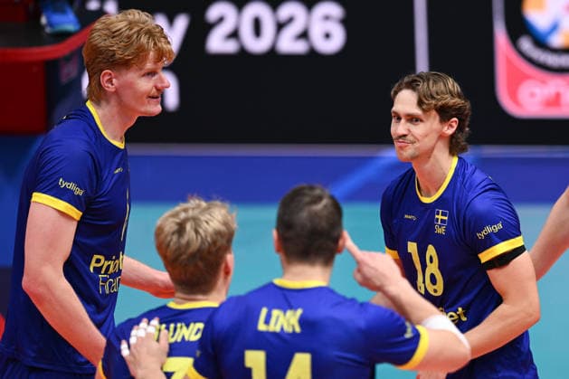 September 16, 2026: Jacob Ekman, Oskar von Sydow, and Axel Algulin of Sweden during the CEV EuroVolley 2026 group stage volleyball match between Sweden and Slovakia on September 16, 2026 in Modena. Photo by Matteo Gribaudi. BILDBYRAN COP 18 XY0130 volleyball volleyball volleyball European Championships Sweden Slovakia CEV EuroVolley 2026 Sweden Slovakia bbeng  Copyright: MATTEOxGRIBAUDI BB260916BB179