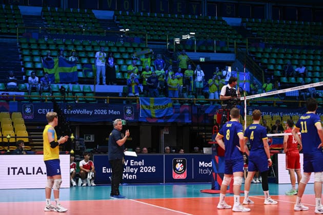 September 16, 2026: Swedish fans in the stands during the CEV EuroVolley 2026 group stage volleyball match between Sweden and Slovakia on September 16, 2026 in Modena. Photo by Matteo Gribaudi, BILDBYRAN COP 18 XY0130 volleyball volleyball volleyball European Championships Sweden Slovakia CEV EuroVolley 2026 Sweden Slovakia bbeng  Copyright: MATTEOxGRIBAUDI BB260916BB197