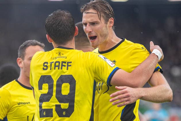 L R Alexander Staff of 1 FC Saarbrücken (No. 29) and Siemen Voet of 1 FC Saarbrücken (No. 04) celebrate the goal that made the score 0–1 GER, SC Preussen Münster vs. 1 FC Saarbrücken, Soccer, 3rd Division, Matchday 6, 2026–2027 season, September 16, 2026 DFL regulations prohibit any use of photographs as image sequences and or quasi-video GER, SC Preussen Münster vs. 1. FC Saarbrücken, soccer, 3. Liga, Matchday 6, 2026–2027 season, September 16, 2026, Münster Copyright: xEibner-Pressefoto JanxRollingerx EP_JSK