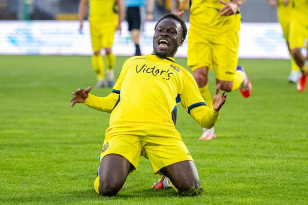 Kelsey Owusu of 1. FC Saarbrücken, No. 31, celebrates the goal that made the score 0–2 (GER), SC Preussen Münster vs. 1. FC Saarbrücken, soccer, 3. Liga, Matchday 6, 2026–2027 season, September 16, 2026 DFL regulations prohibit any use of photographs as image sequences and or quasi-video GER, SC Preussen Münster vs. 1 FC Saarbrücken, soccer, 3. Liga, Matchday 6, 2026–2027 season, September 16, 2026, Münster Copyright: xEibner-Pressefoto JanxRollingerx EP_JSK