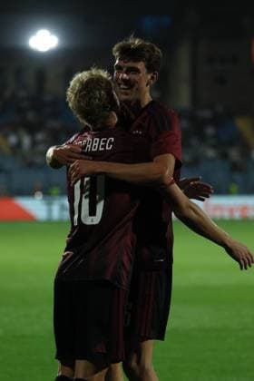 RECORD DATE NOT STATED UEFA Europa League: Ararat-Armenia v Sparta Praha YEREVAN, ARMENIA - SEPTEMBER 16: Tobias Guddal and Adam Karabec celebrates during the UEFA Europa League match at Vazgen Sargsyan Republican Stadium on September 16, 2026 in Yerevan, Armenia.