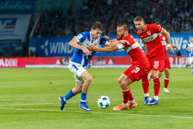 From left: Bernie Lennemann (Rostock), Dominik Nothnagel (VfB), and Veit Stange (VfB GER); FC Hansa Rostock vs. VfB Stuttgart II; Soccer; Men s; 3. Liga; Matchday 6; 2026–2027 season; September 16, 2026, Rostock Ostseestadion, Mecklenburg-Western Pomerania, Germany