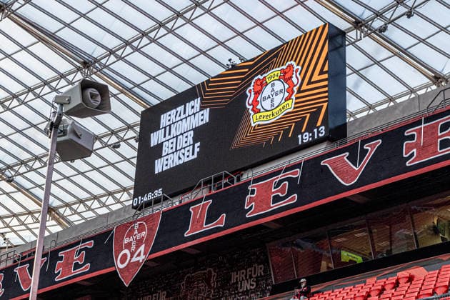 UEFA Europa League: Bayer 04 Leverkusen vs. NK Celje, September 16, 2026 (stock photo), View of the seating area at the BayArena in Leverkusen before the game; the stadium is marked with Europa League signage; a screen at the stadium displays the message Welcome to the Werkself UEFA Europa League Matchday 1 Bayer 04 Leverkusen vs. NK Celje BayArena, Leverkusen September 16, 2026 Copyright: xBEAUTIFULxSPORTS Buriakovx