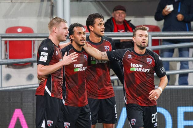 Celebrations after the goal—Nishan Velupillay scores to make it 0–1 for FC Ingolstadt 04, No. 28, with Yannick Deichmann of FC Ingolstadt 04, No. 20, during the match between FC Ingolstadt 04 and TSG Hoffenheim II on September 16, 2026, DFB regulations prohibit any use of photographs as image sequences and or quasi-video. GER, Soccer, 3. Liga, Matchday 6, FC Ingolstadt 04 vs. TSG Hoffenheim II, September 16, 2026, Audi Sportpark Ingolstadt Copyright: xEibner-Pressefoto OliverxSTRISCHx EP-OSH