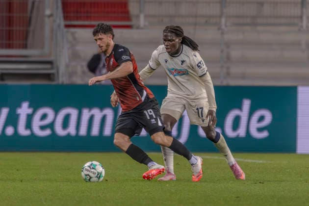 Ingolstadt, Germany, August 8, 2026, 3. Liga 2026–2027, Matchday 6: FC Ingolstadt 04 vs. TSG Hoffenheim II. Pictured, from left, in a tackle: Linus Rosenlöcher (FCI) and Luis Engelns (TSG II). DFB and DFL regulations prohibit any use of photographs as image sequences and or quasi-video. Audi Sportpark Bayern Copyright: xFotostandx xSchäferx