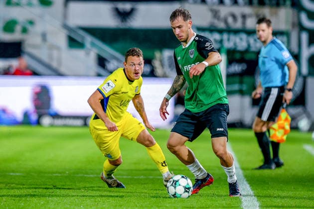 September 16, 2026, xkwix, Soccer, 3rd Division, Preußen Münster vs. 1. FC Saarbrücken, Preußenstadion, Matchday 6, 2026–2027 Season: Patrick Sontheimer of 1 FC Saarbrücken battles Louis Kolbe of Preußen Münster. DFB regulations prohibit any use of photographs as image sequences and or quasi-video. Photo: xKamilxWilkowskixPressefotoKochx, North Rhine-Westphalia, Germany