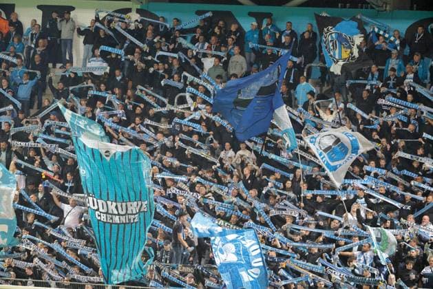 CFC vs. SV Babelsberg 03, September 16, 2026, Chemnitz, eins Stadium on Gellertstrasse, Sports, Soccer, Northeast Regional League 2026–2027, Matchday 9, CFC, CFC vs. SV Babelsberg 03, CFC fans in the South Stand, Chemnitz, Saxony, Germany