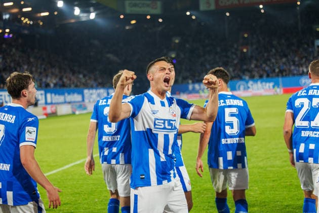 Goal celebration 2-0 Goal scorer Kenan Fatkic Rostock GER, FC Hansa Rostock vs. VfB Stuttgart II, Soccer, Men, 3. Liga, Matchday 6, 2026–2027 season, September 16, 2026, Rostock Ostseestadion, Mecklenburg-Western Pomerania, Germany