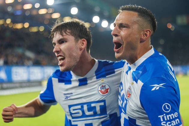 Goal celebration 2-0 Goal scorer Kenan Fatkic Rostock (left) Bernie Lennemann Rostock GER, FC Hansa Rostock vs. VfB Stuttgart II, Soccer, Men, 3. Liga, Matchday 6, 2026–2027 season, September 16, 2026, Rostock, Ostseestadion, Mecklenburg-Western Pomerania, Germany