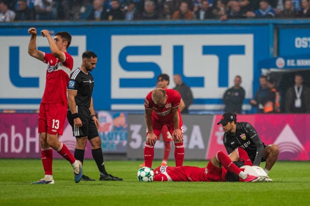 Rostock, Germany, September 16, 2026, 3rd League 2026–2027, Matchday 6: FC Hansa Rostock vs. VfB Stuttgart II. Pictured, third from the left: Ertugrul Yigit of VfB Stuttgart II, injured on the ground and needing to be substituted. DFB and DFL regulations prohibit any use of photographs as image sequences and or quasi-video Copyright: xFotostandx xVoelkerx