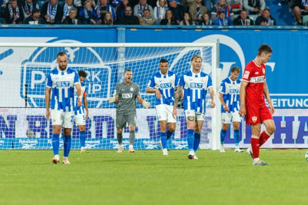 Rostock players are disappointed, angry, frustrated, and upset after conceding the 2-2 goal. GER, FC Hansa Rostock vs. VfB Stuttgart II, soccer, men s, 3. Liga, Matchday 6, 2026–2027 season, September 16, 2026, Rostock Ostseestadion, Mecklenburg-Western Pomerania, Germany