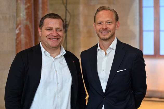 From left: Max EBERL, Sports Director of FC Bayern Munich, Rouven KASPER, Marketing Director of FCB; Markus SOEDER, Minister-President of Bavaria and Chairman of the CSU, welcomes the championship teams of FC Bayern Munich in the Kuppelsaal at the State Chancellery in Munich on September 16, 2026