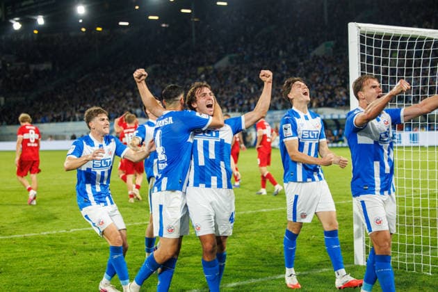 Goal celebration 3 2 3 (from left): Goal scorer Benno Dietze, Rostock, GER; FC Hansa Rostock vs. VfB Stuttgart II; Soccer; Men; 3rd Division; Matchday 6; 2026–2027 season, September 16, 2026, Rostock Ostseestadion, Mecklenburg-Western Pomerania, Germany