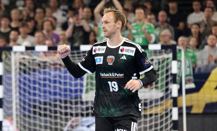 Mathias Gidsel celebrates after scoring a goal: Joy, Emotion, Sports, Handball, Champions League, Men s Champions League, Matchday 2, 2026–2027 Season, September 16, 2026: Füchse Berlin vs. One Veszprém HC at the Max Schmeling Halle