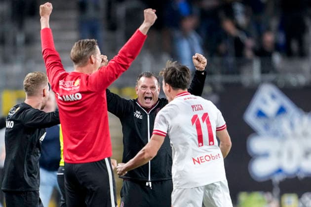 From left: Uwe Koschinat, coach, head coach, Essen; Noah Pesch, Essen, 11, player for Rot Weiss Essen, Celebration after the final whistle, joy over the victory, winners, celebrating, cheerful, positive, happy, optimistic, highlight, action, September 16, 2026, Mannheim, Germany, soccer, 3rd Division, SV Waldhof Mannheim vs. Rot Weiss Essen, DFB and DFL regulations prohibit any use of photographs as image sequences and or quasi-video xozx
