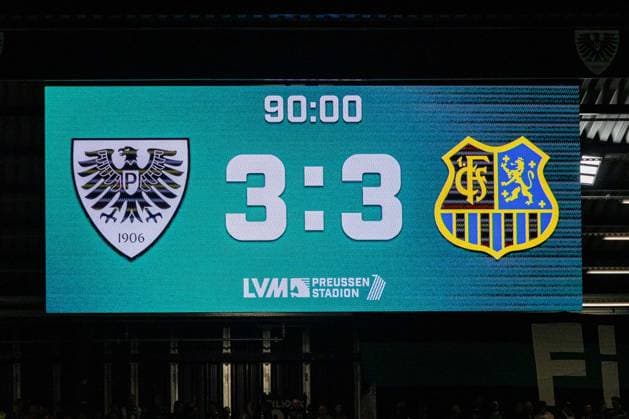 Scoreboard showing the score of 3–3 after the final whistle: GER, SC Preussen Münster vs. 1. FC Saarbrücken, soccer, 3. Liga, Matchday 6, 2026–2027 season, September 16, 2026 DFL regulations prohibit the use of photographs as image sequences and or quasi-video GER, SC Preussen Münster vs. 1. FC Saarbrücken, soccer, 3rd Division, Matchday 6, 2026–2027 season, September 16, 2026, Münster Copyright: xEibner-Pressefoto JanxRollingerx EP_JSK
