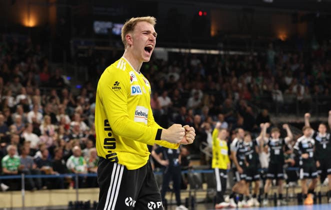 Goalkeeper Lasse Ludwig celebrates after a save: Joy, Emotion, Celebration, Sports, Handball, Champions League, Men s Champions League, Matchday 2, 2026–2027 Season, September 16, 2026, Füchse Berlin vs. One Veszprem HC at the Max Schmeling Halle