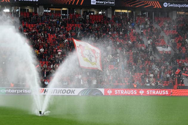 September 16, 2026, GER, Soccer, Men s, Europa League, 2026–2027 Season, Matchday 1 of the group stage, Bayer 04 Leverkusen (GER) vs. NK Celje (SVN); a fan holding a flag with a sprinkler in front of the stadium. DFB and DFL regulations prohibit any use of photographs as image sequences and or quasi-video. Leverkusen, BayArena, North Rhine-Westphalia, Germany Copyright: xNordphoto Meuterx