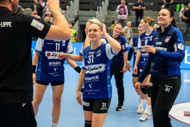 HSG Blomberg Lippe GER vs. BSV Sachsen Zwickau GER, Handball, Women s Handball Bundesliga 1, Matchday 4, 2026–2027 Season, Blomberg, September 16, 2026—Alexia Hauf of HSG Blomberg Lippe, No. 31, celebrates after the victory against BSV Sachsen Zwickau (GER) at the Blomberg Synflex Arena on Ulmenallee, Germany