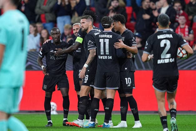 September 16, 2026, xydrx, Men s, Soccer, Europa League, Bayer 04 Leverkusen vs. NK Celje, 2026–2027 season, BayArena: Goal celebration after Bayer 04 Leverkusen’s 1–0 goal scored by Aleix Garcia (Bayer 04 Leverkusen, 24), along with Robert Andrich (Bayer 04 Leverkusen, 8) and Martin Terrier (Bayer 04 Leverkusen, 11 Regulations prohibit any use of photographs as image sequences and or quasi-video Copyright: HMBxMedia YannisxDreimann