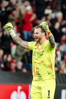 2026–2027 UEFA Europa League, Bayer 04 Leverkusen vs. NK Celje, Matchday 1, Wednesday, September 16, 2026, BayArena, North Rhine-Westphalia, Germany; 1–0 goal by Aleix Garcia; celebration, joy, emotions, goal celebration, Mark Flekken Copyright: xCelinaxLeiersx