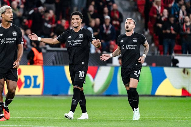 2026–2027 UEFA Europa League, Bayer 04 Leverkusen vs. NK Celje, Matchday 1, Wednesday, September 16, 2026, BayArena, North Rhine-Westphalia, Germany. Goal to make it 1–0 by Aleix Garcia; celebration, joy, emotions, goal celebration, Malik Tillman Copyright: xCelinaxLeiersx