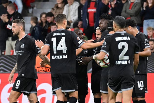 September 16, 2026, GER, Soccer, Men s, Europa League, 2026–2027 Season, Matchday 1 of the group stage, Bayer 04 Leverkusen (GER) vs. NK Celje (SVN) – goal celebration, jubilation, celebratory run; 1–0 for Leverkusen by Aleix Garcia (Leverkusen 24), center, with Patrick Schick (Leverkusen 14), Robert Andrich (Leverkusen 8), Facundo Medina (Leverkusen 2), Malik Tillmann (Leverkusen 10), Edmond Tapsobsa (Leverkusen 12), DFB and DFL regulations prohibit any use of photographs as image sequences and or quasi-video; Leverkusen BayArena, NRW, Germany Copyright: xNordphoto Meuterx