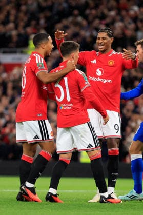Manchester United, ManU v Brighton and Hove Albion - Carabao Cup Third Round Youri Tielemans, Shea Lacey and Marcus Rashford of Manchester United celebrate 1st goal during the Carabao Cup Third Round match between Manchester United and Brighton & Hove Albion at Old Trafford on September 16, 2026 in Manchester, England. WARNING! This Photograph May Only Be Used For Newspaper And Or Magazine Editorial Purposes. May Not Be Used For Publications Involving 1 player, 1 Club Or 1 Competition Without Written Authorisation From Football DataCo Ltd. For Any Queries, Please Contact Football DataCo Ltd on +44 (0) 207 864 9121 Manchester Old Trafford England United Kingdom Copyright: xAllstarxPicturexLibraryxLtdx