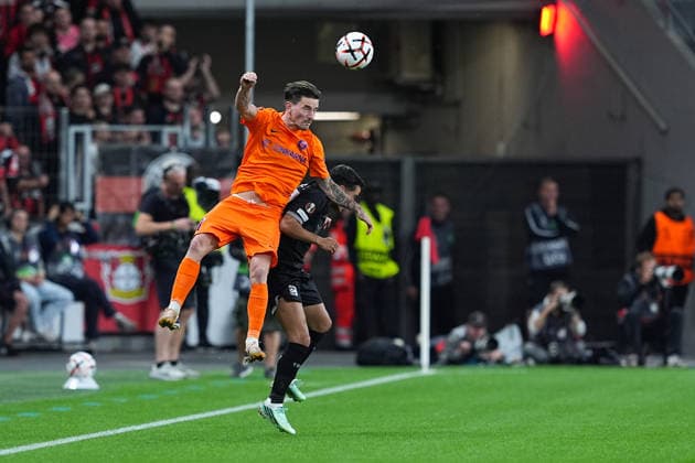 September 16, 2026, xydrx, Men s, Soccer, Europa League, Bayer 04 Leverkusen vs. NK Celje, 2026–2027 season, BayArena: Benjamin Verbic (NK Celje) in a 1-on-1 duel with Lucas Vázquez (Bayer 04 Leverkusen), 17. Regulations prohibit any use of photographs as image sequences and or quasi-video content. Copyright: HMBxMedia YannisxDreimann